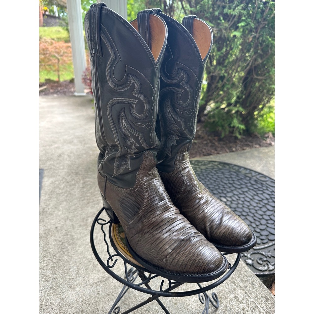 Tony Lama Mens 8712 Teju Lizard Western Cowboy Boots Brown Gray Size 9.5 D VTG